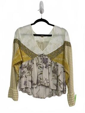 Free People Floral Patchwork Long Sleeve Blouse Size Large Flowy Cropped Boho